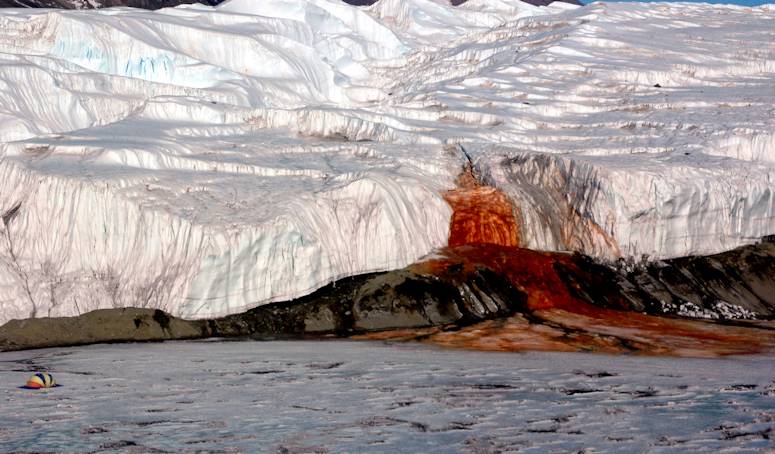 Blood Falls in Antarctica, compared with a tent