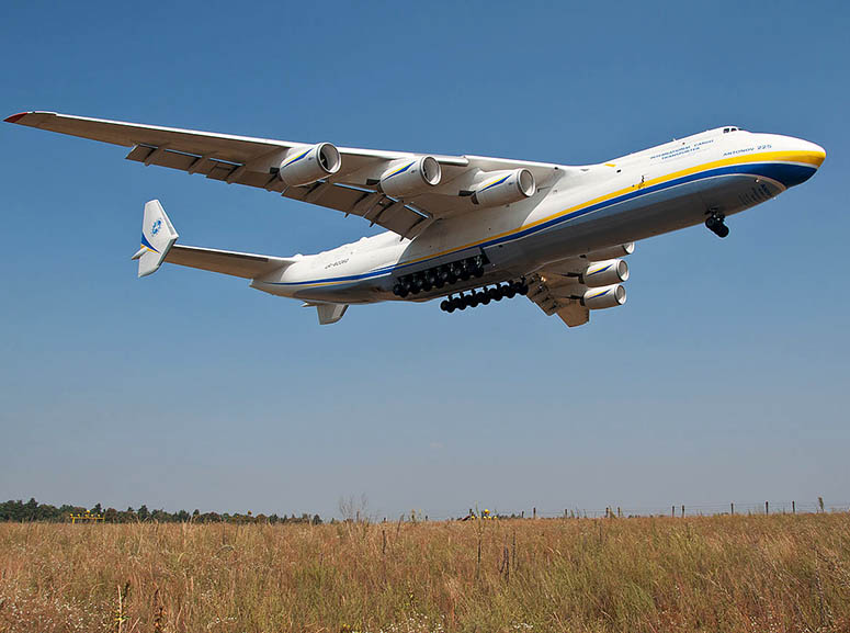 Antonov An-225 with its 6 jet engines and 32 wheels