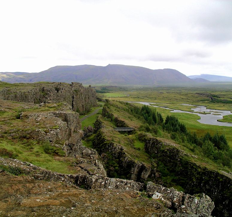 The boundary between the North American Plate and Eurasian Plate on Iceland (the Almannagjá fault in the Þingvellir National Park).